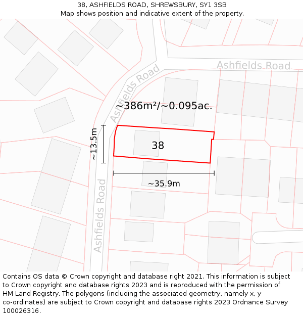 38, ASHFIELDS ROAD, SHREWSBURY, SY1 3SB: Plot and title map