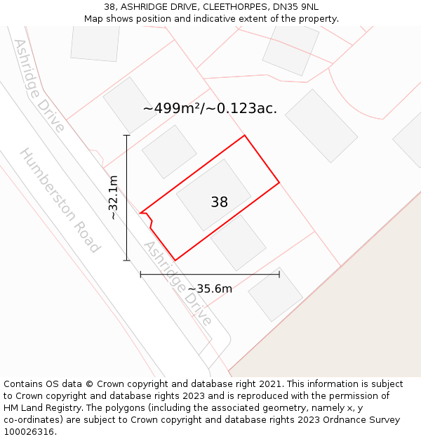 38, ASHRIDGE DRIVE, CLEETHORPES, DN35 9NL: Plot and title map