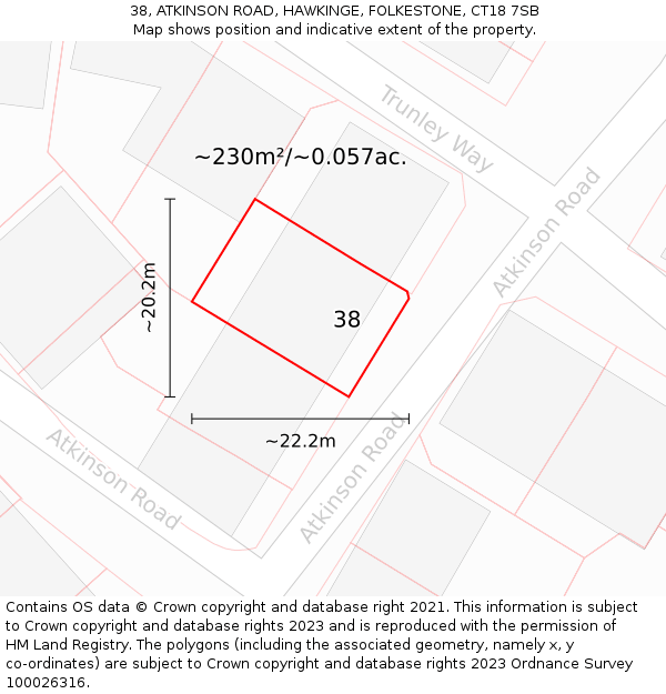 38, ATKINSON ROAD, HAWKINGE, FOLKESTONE, CT18 7SB: Plot and title map