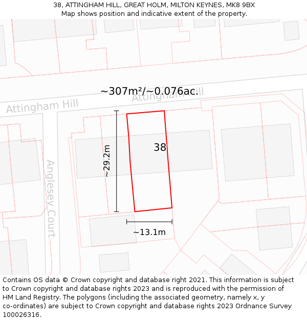 38, ATTINGHAM HILL, GREAT HOLM, MILTON KEYNES, MK8 9BX: Plot and title map