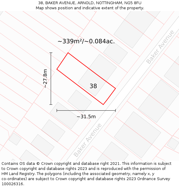 38, BAKER AVENUE, ARNOLD, NOTTINGHAM, NG5 8FU: Plot and title map