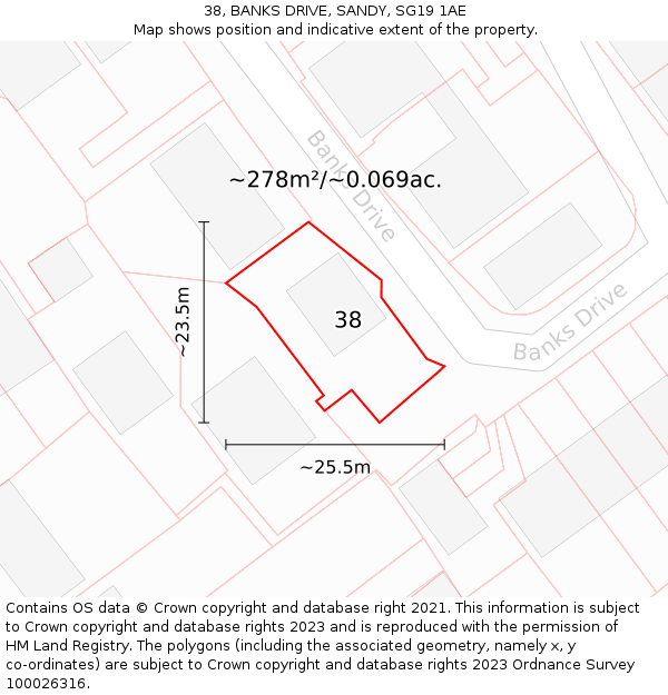 38, BANKS DRIVE, SANDY, SG19 1AE: Plot and title map