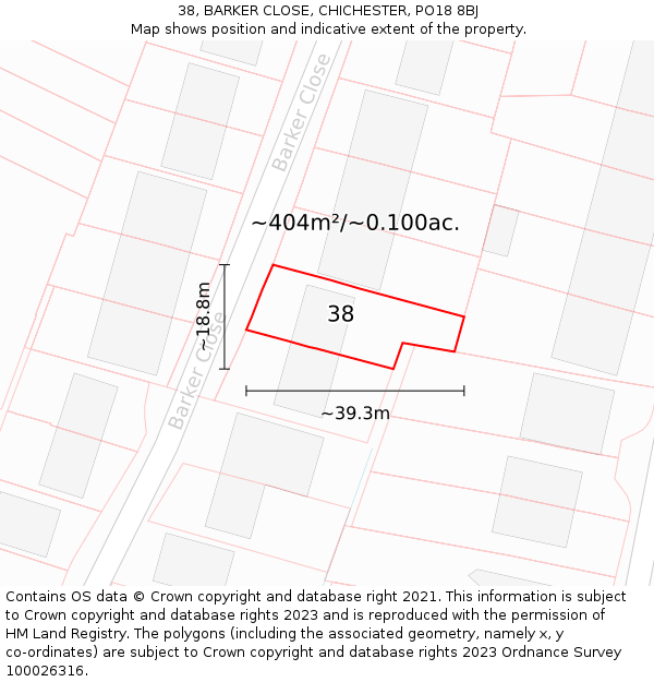 38, BARKER CLOSE, CHICHESTER, PO18 8BJ: Plot and title map