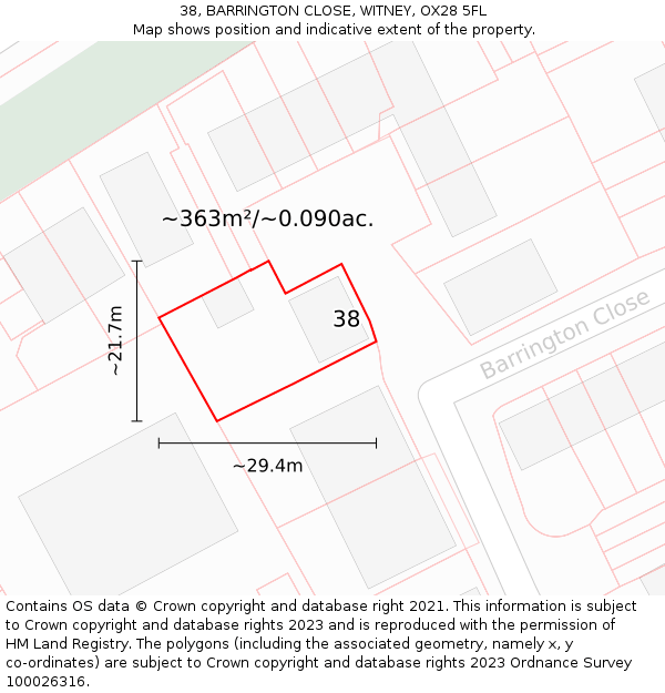 38, BARRINGTON CLOSE, WITNEY, OX28 5FL: Plot and title map