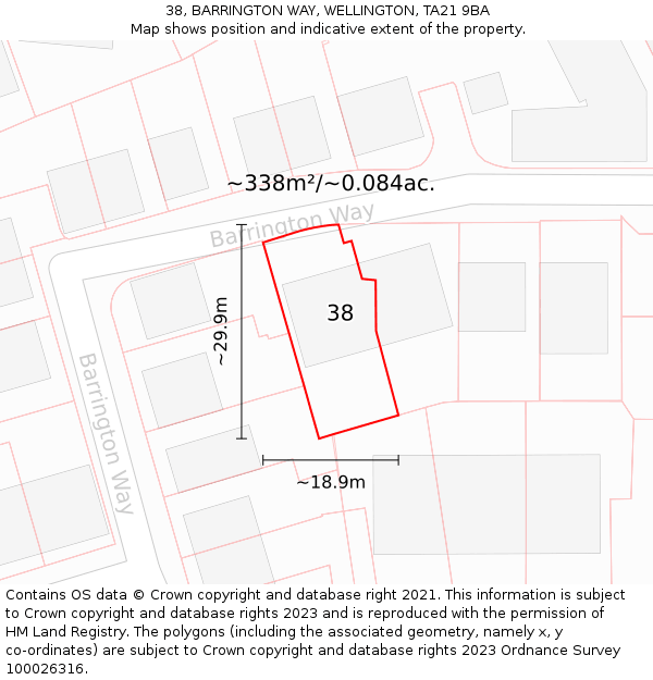 38, BARRINGTON WAY, WELLINGTON, TA21 9BA: Plot and title map