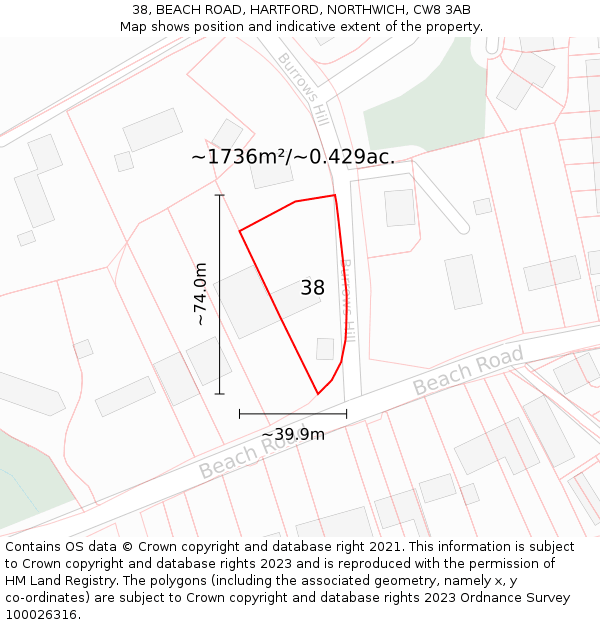 38, BEACH ROAD, HARTFORD, NORTHWICH, CW8 3AB: Plot and title map