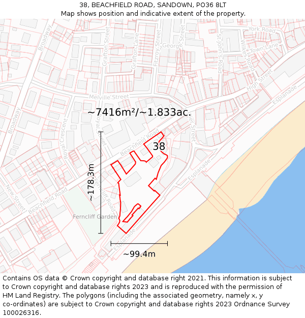 38, BEACHFIELD ROAD, SANDOWN, PO36 8LT: Plot and title map