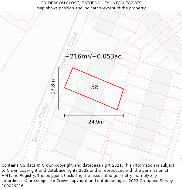 38, BEACON CLOSE, BATHPOOL, TAUNTON, TA2 8FS: Plot and title map