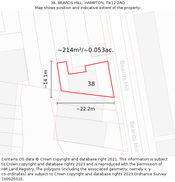 38, BEARDS HILL, HAMPTON, TW12 2AQ: Plot and title map