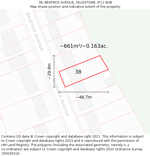 38, BEATRICE AVENUE, FELIXSTOWE, IP11 9HB: Plot and title map