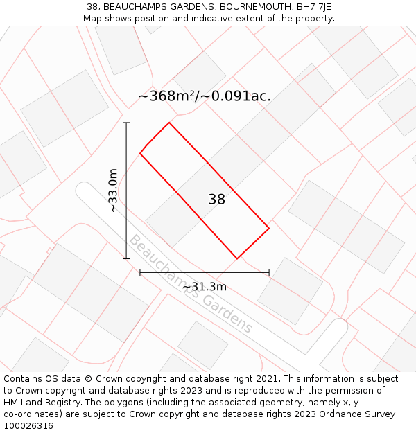 38, BEAUCHAMPS GARDENS, BOURNEMOUTH, BH7 7JE: Plot and title map