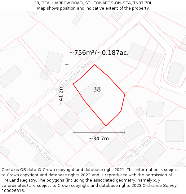 38, BEAUHARROW ROAD, ST LEONARDS-ON-SEA, TN37 7BL: Plot and title map