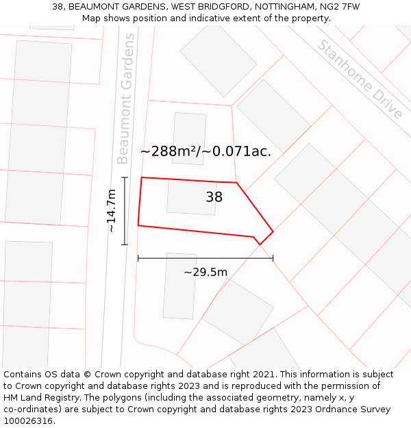 38, BEAUMONT GARDENS, WEST BRIDGFORD, NOTTINGHAM, NG2 7FW: Plot and title map