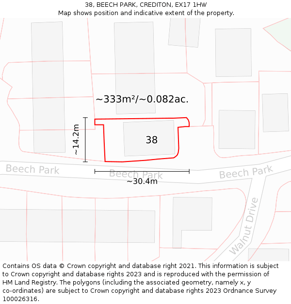 38, BEECH PARK, CREDITON, EX17 1HW: Plot and title map