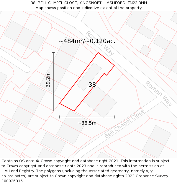 38, BELL CHAPEL CLOSE, KINGSNORTH, ASHFORD, TN23 3NN: Plot and title map