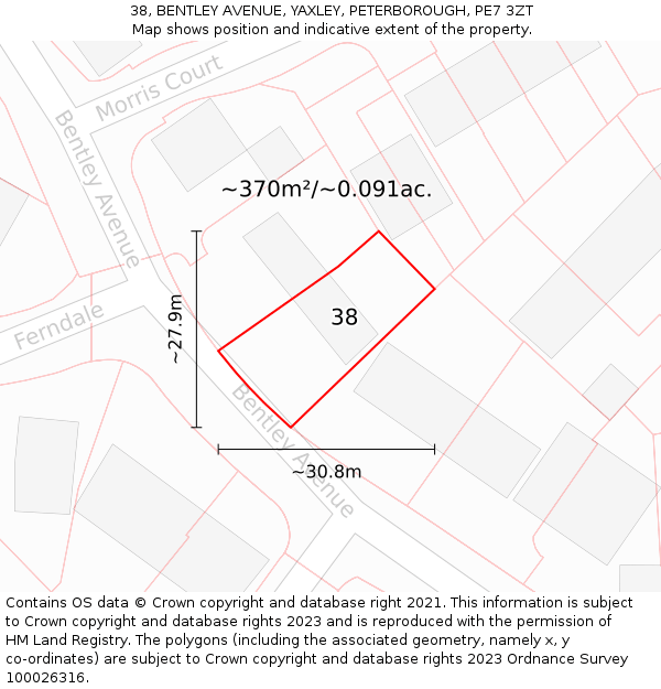 38, BENTLEY AVENUE, YAXLEY, PETERBOROUGH, PE7 3ZT: Plot and title map