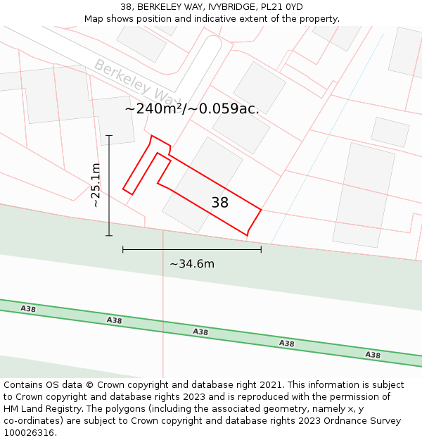 38, BERKELEY WAY, IVYBRIDGE, PL21 0YD: Plot and title map