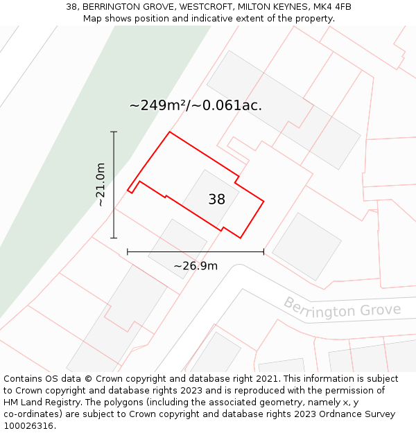 38, BERRINGTON GROVE, WESTCROFT, MILTON KEYNES, MK4 4FB: Plot and title map