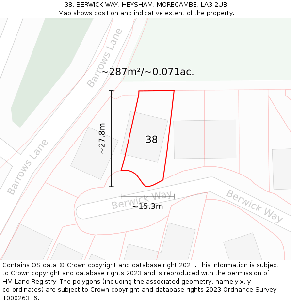 38, BERWICK WAY, HEYSHAM, MORECAMBE, LA3 2UB: Plot and title map