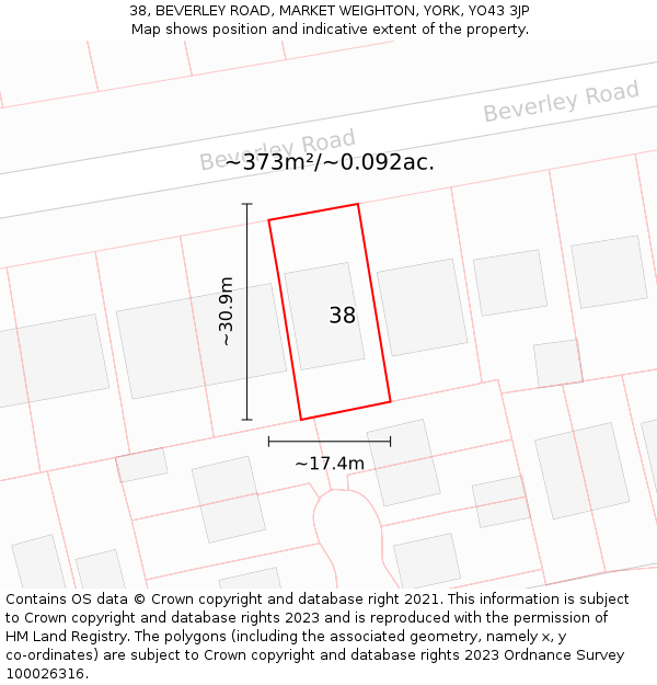 38, BEVERLEY ROAD, MARKET WEIGHTON, YORK, YO43 3JP: Plot and title map