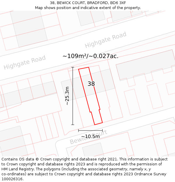 38, BEWICK COURT, BRADFORD, BD6 3XF: Plot and title map