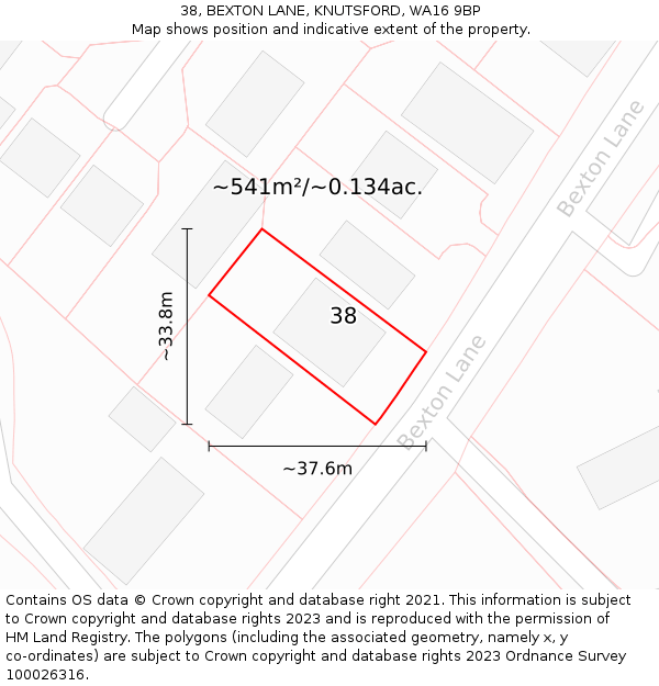 38, BEXTON LANE, KNUTSFORD, WA16 9BP: Plot and title map