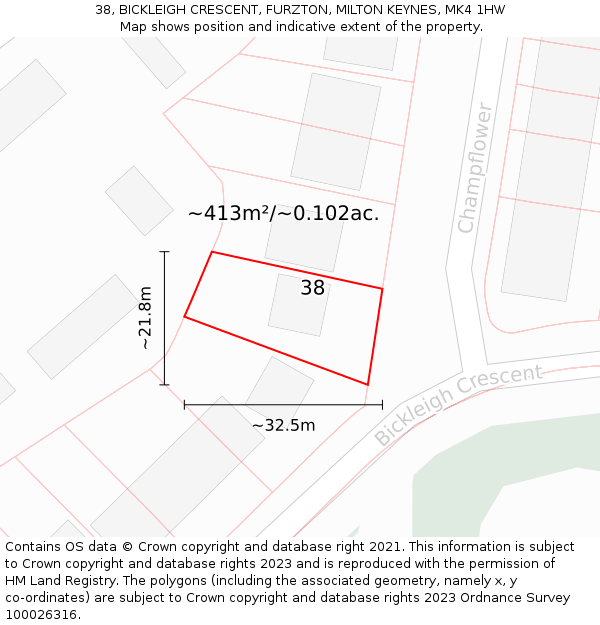 38, BICKLEIGH CRESCENT, FURZTON, MILTON KEYNES, MK4 1HW: Plot and title map