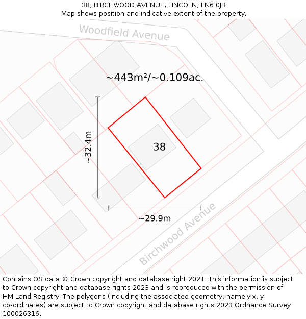 38, BIRCHWOOD AVENUE, LINCOLN, LN6 0JB: Plot and title map