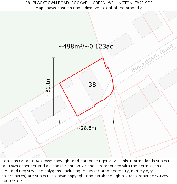 38, BLACKDOWN ROAD, ROCKWELL GREEN, WELLINGTON, TA21 9DF: Plot and title map