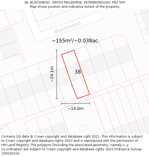 38, BLACKMEAD, ORTON MALBORNE, PETERBOROUGH, PE2 5PX: Plot and title map