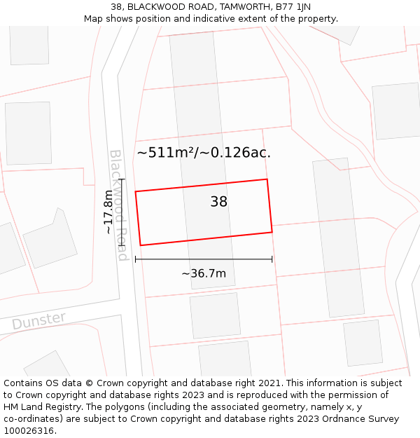 38, BLACKWOOD ROAD, TAMWORTH, B77 1JN: Plot and title map