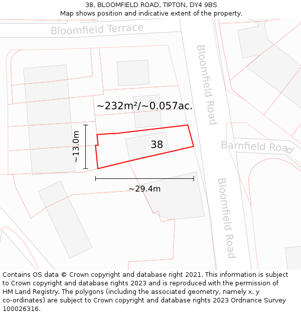 38, BLOOMFIELD ROAD, TIPTON, DY4 9BS: Plot and title map