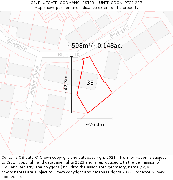 38, BLUEGATE, GODMANCHESTER, HUNTINGDON, PE29 2EZ: Plot and title map