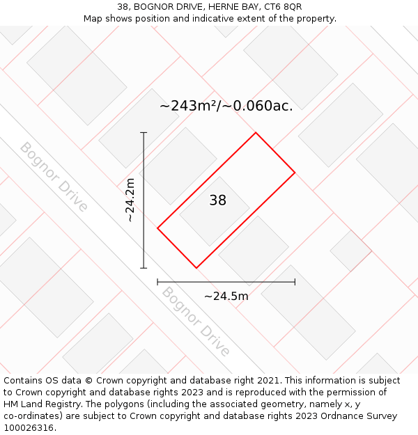 38, BOGNOR DRIVE, HERNE BAY, CT6 8QR: Plot and title map