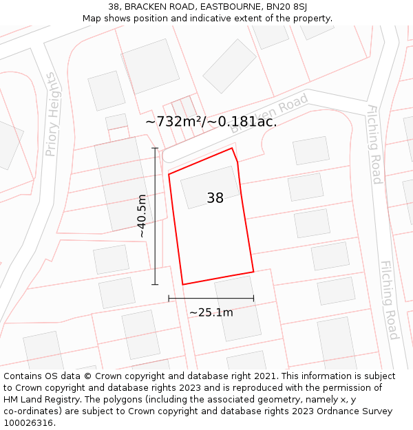 38, BRACKEN ROAD, EASTBOURNE, BN20 8SJ: Plot and title map