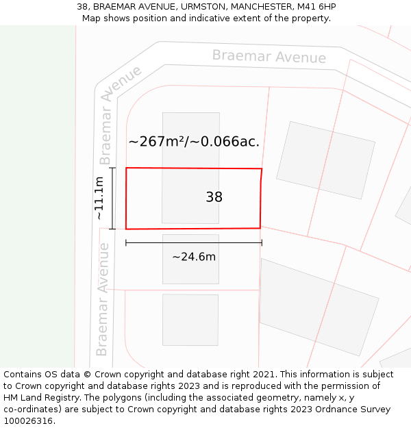 38, BRAEMAR AVENUE, URMSTON, MANCHESTER, M41 6HP: Plot and title map