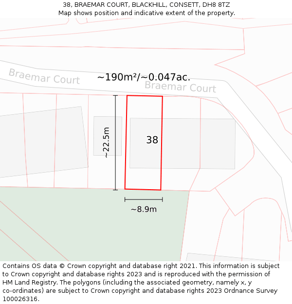 38, BRAEMAR COURT, BLACKHILL, CONSETT, DH8 8TZ: Plot and title map