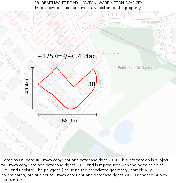 38, BRAITHWAITE ROAD, LOWTON, WARRINGTON, WA3 2FY: Plot and title map