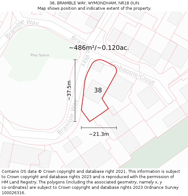 38, BRAMBLE WAY, WYMONDHAM, NR18 0UN: Plot and title map