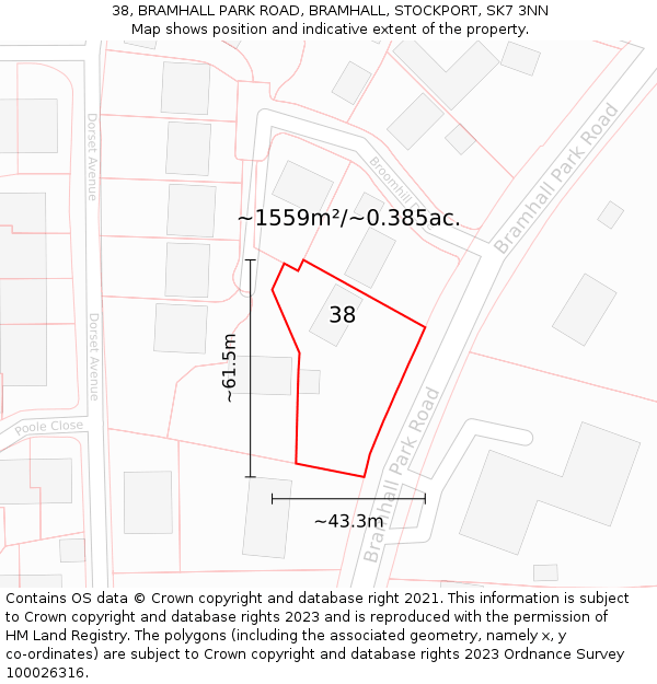 38, BRAMHALL PARK ROAD, BRAMHALL, STOCKPORT, SK7 3NN: Plot and title map