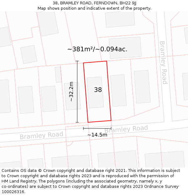 38, BRAMLEY ROAD, FERNDOWN, BH22 9JJ: Plot and title map