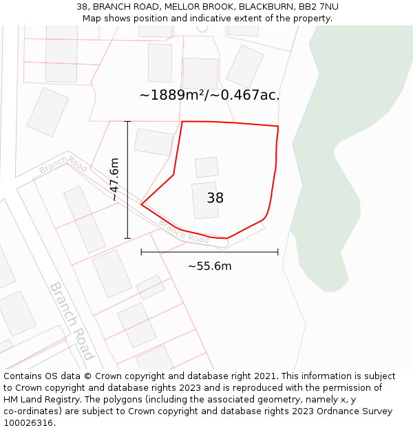 38, BRANCH ROAD, MELLOR BROOK, BLACKBURN, BB2 7NU: Plot and title map