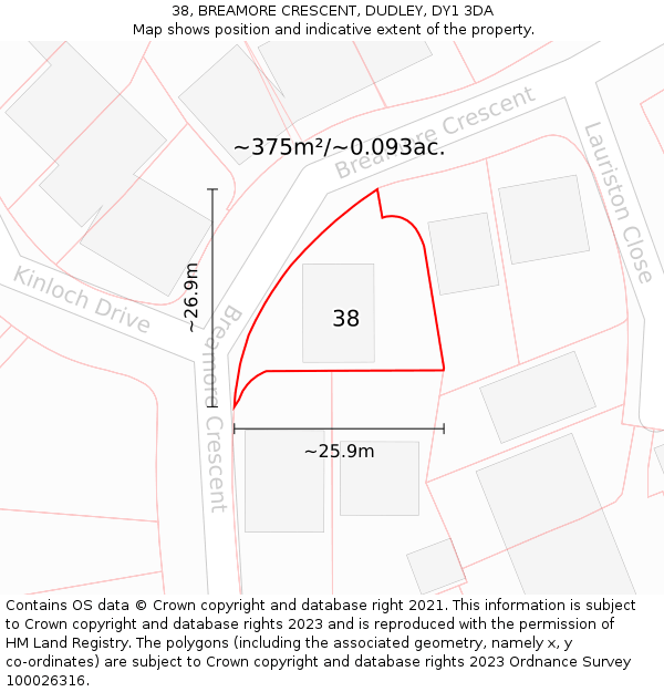 38, BREAMORE CRESCENT, DUDLEY, DY1 3DA: Plot and title map