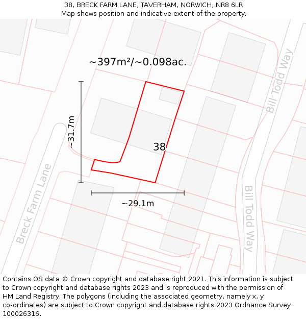 38, BRECK FARM LANE, TAVERHAM, NORWICH, NR8 6LR: Plot and title map