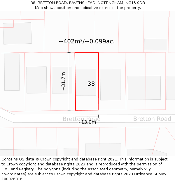 38, BRETTON ROAD, RAVENSHEAD, NOTTINGHAM, NG15 9DB: Plot and title map