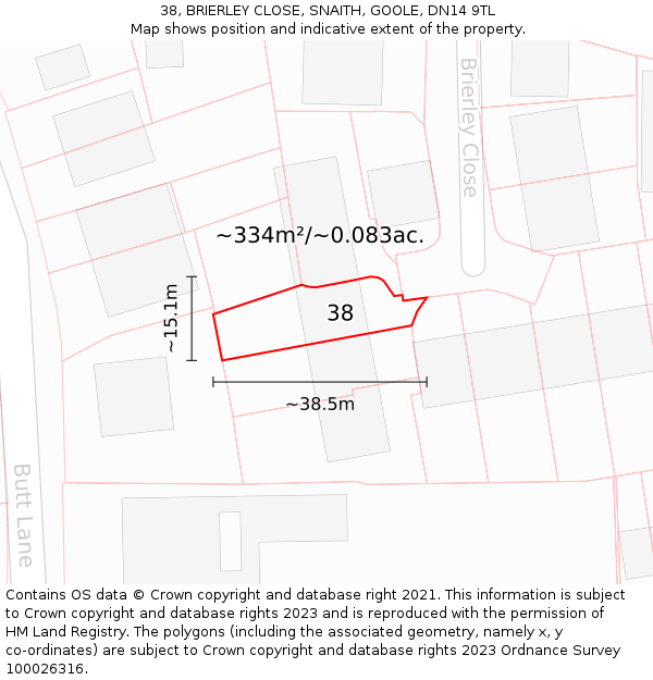 38, BRIERLEY CLOSE, SNAITH, GOOLE, DN14 9TL: Plot and title map