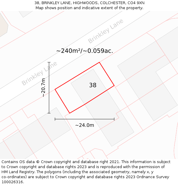 38, BRINKLEY LANE, HIGHWOODS, COLCHESTER, CO4 9XN: Plot and title map