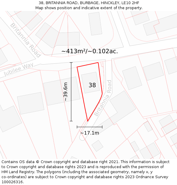 38, BRITANNIA ROAD, BURBAGE, HINCKLEY, LE10 2HF: Plot and title map