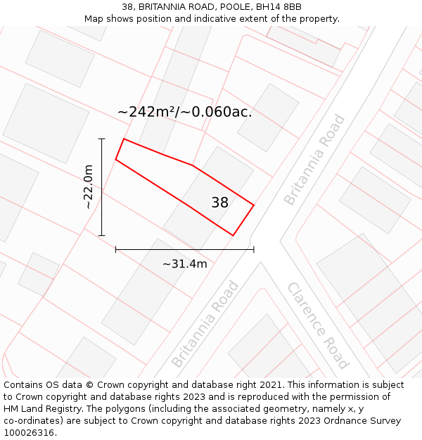 38, BRITANNIA ROAD, POOLE, BH14 8BB: Plot and title map