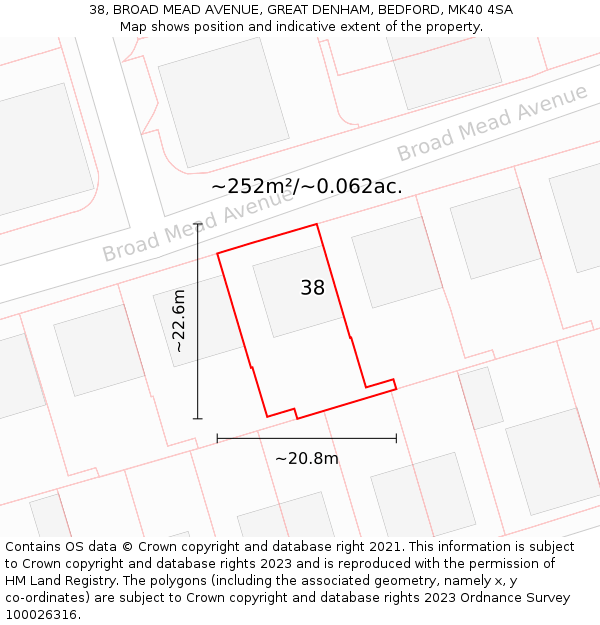 38, BROAD MEAD AVENUE, GREAT DENHAM, BEDFORD, MK40 4SA: Plot and title map